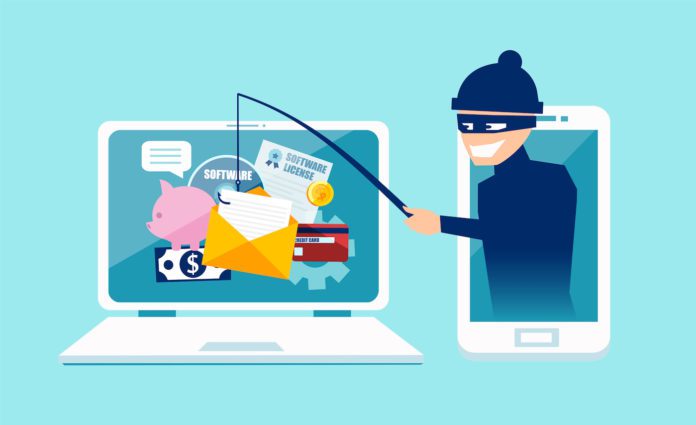 Vector concept of phishing scam, hacker attack and web security.
