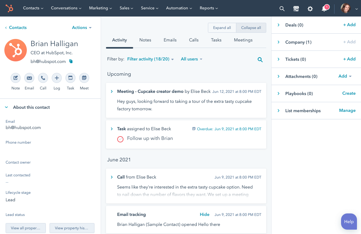Screenshot of HubSpot customer record example.